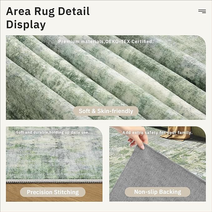 6x6 Green/Ivory Round Rug 6ft Living Room Circle Rug Vintage Round Area Rug Non - Image 6