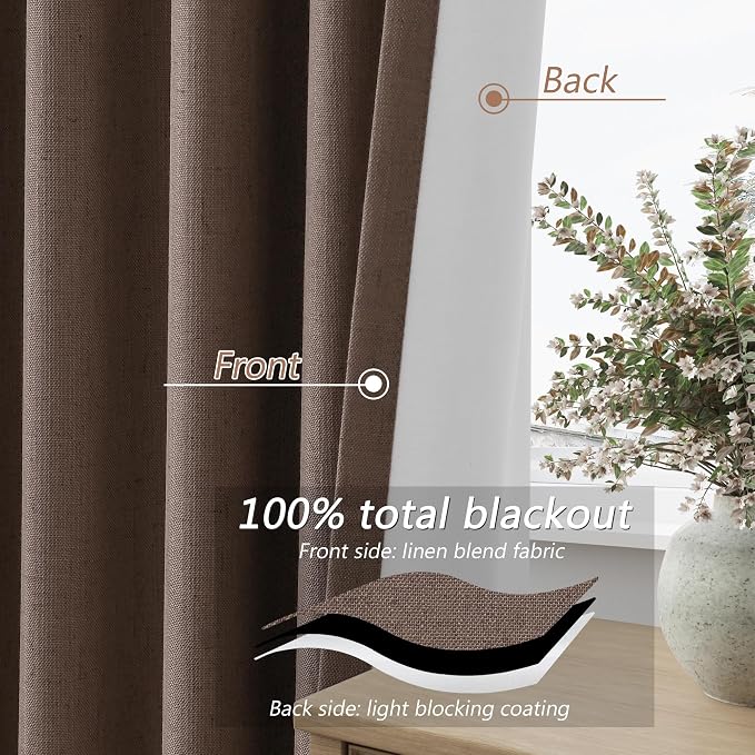 Guken Mocha Mousse 100% Blackout Linen Curtains 96 Inch Length 2 Panels Set - Image 4