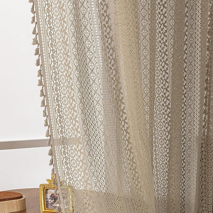 WAZZIO Boho Lace Curtains 63 Inches 2 Panel, Light Filtering Privacy Tassel & - Image 4