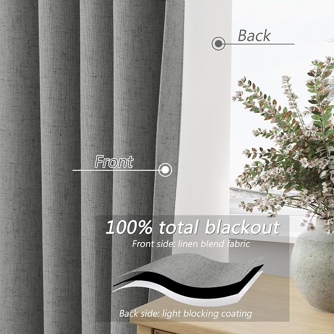 Guken Dark Grey 100% Blackout Linen Curtains 96 Inch Length 2 Panels Set - Image 4
