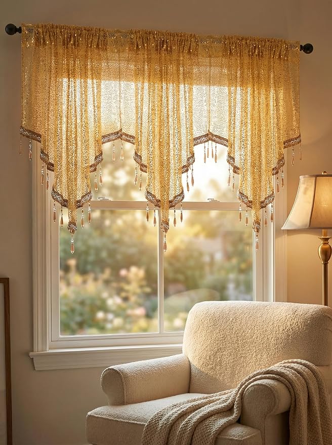 Molaxhome Swag Curtain 51 inch Length Rod Pocket Scalloped Curtain Valance - Image 2