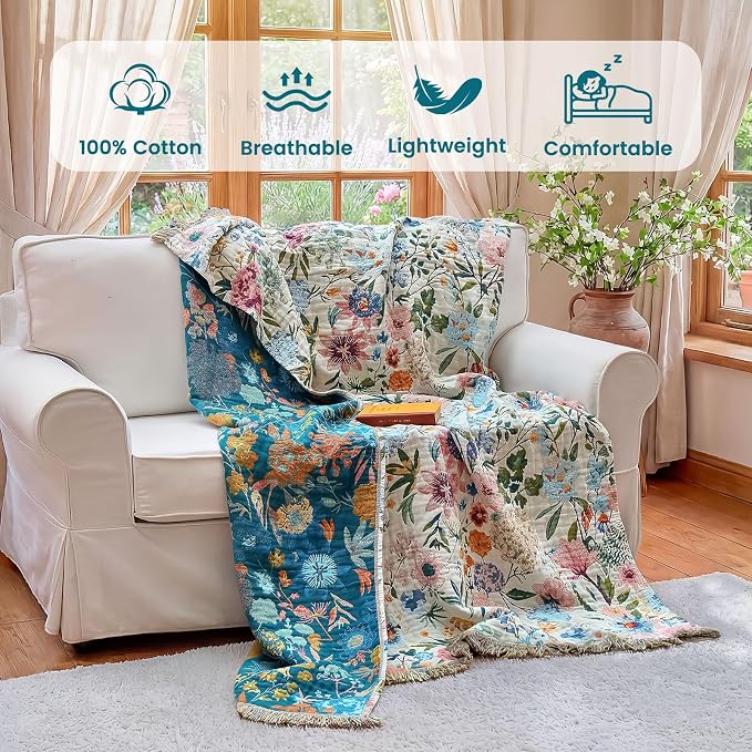 MSGKV Boho Throw Blanket 50"x60" Couch Floral 100% Cotton Blanket Spring - Image 2