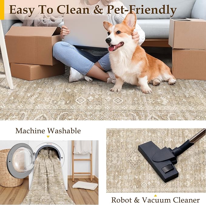 6x9 Washable Area Rug for Living Room Bedroom Vintage Beige Carpet Soft Low - Image 4