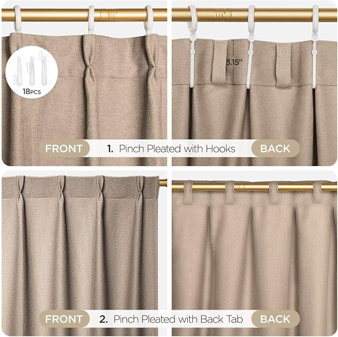 Joydeco Thick Linen Pinch Pleated Curtains 96 Inch Long 2 Panel Set - Image 5