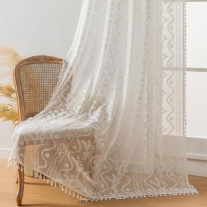 WAZZIO Boho Lace Curtains 2 Panels 63 Inches -Cute Vintage Victorian Sheer - Image 6