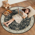 Area Rugs Round 4ft Washable Non-Slip, Floral Vintage Distress Print Pattern by RELEANY
