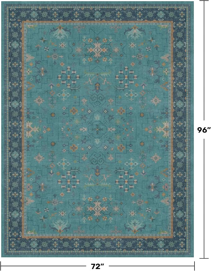 Boho Teal 6x8 Rug for Living Room, Washable Area Rugs for Bedroom, Dining Room - Image 2
