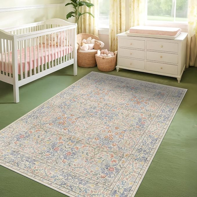 Hazo Haus Vintage Washable Beige Blue Area Rugs - Image 6