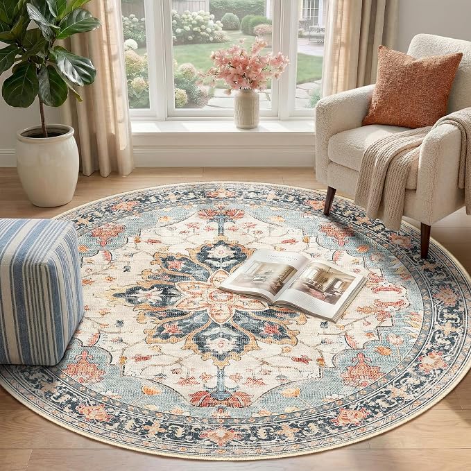Area Rugs 4ft Washable Non-Slip, Floral Vintage Distress Print Pattern - Image 2
