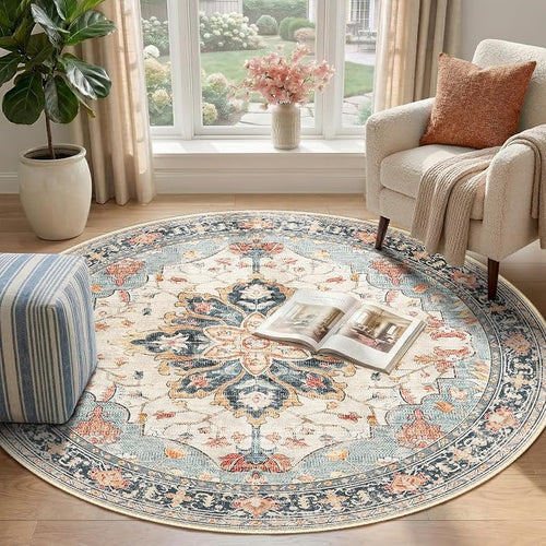 Area Rugs 4ft Washable Non-Slip, Floral Vintage Distress Print Pattern - Image 2