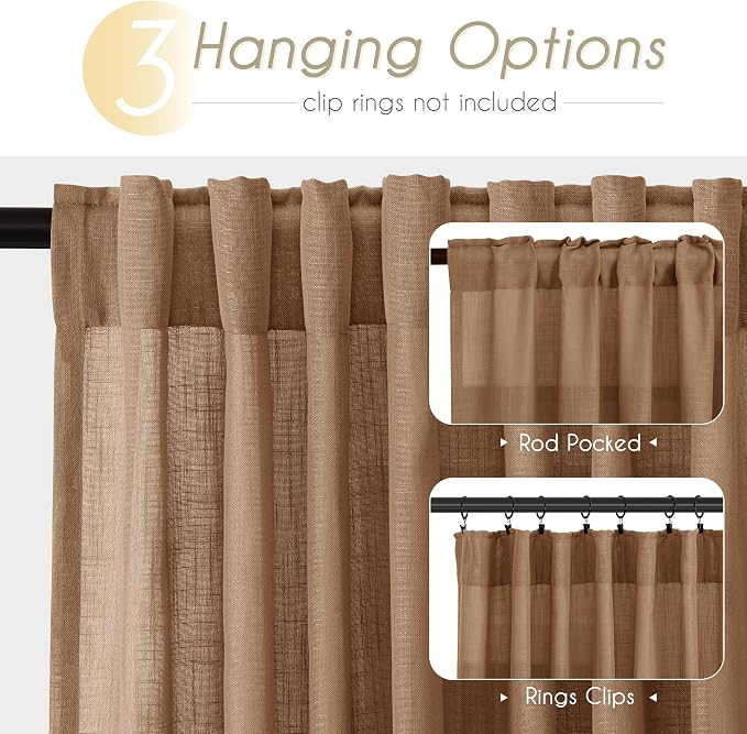 Brown Curtains for Living Room Back Tab Modern Farmhouse Semi Sheer Curtains 90 - Image 2