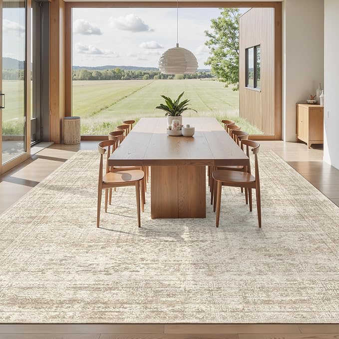 12x15 Washable Area Rug Beige Neutral Abstract Living Room Large Carpet Non - Image 8
