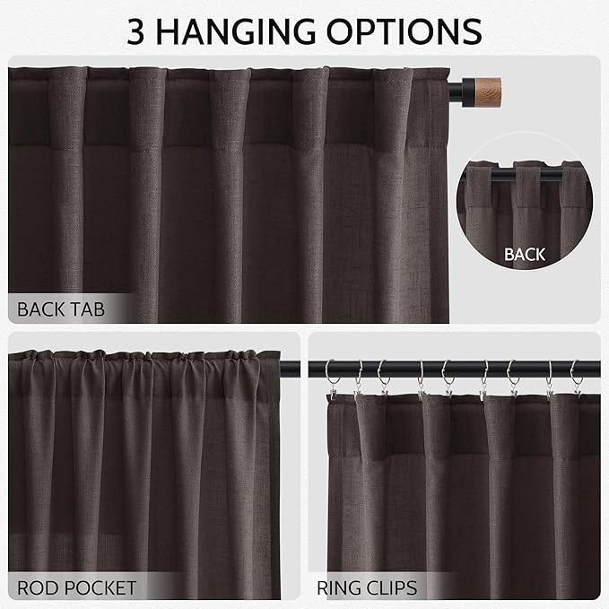 Nanspring Cocoa Coffee Linen Blend Light Filtering Back Tab Curtains 108 Inches - Image 3