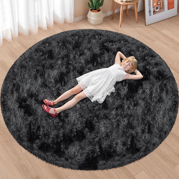 7x7 ft Tie Dye Black Round Rug for Bedroom Room Fluffy Circle Rug Furry Carpet - Image 5