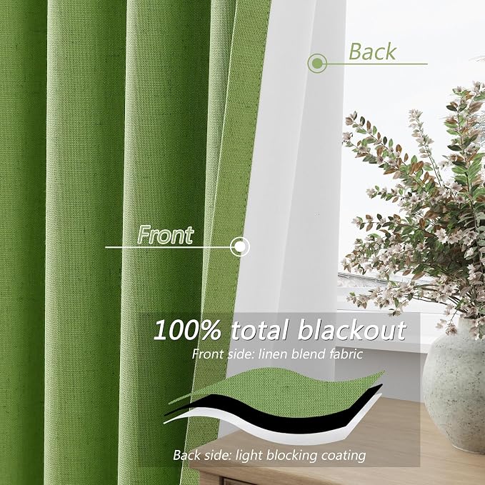 Guken Lime Green 100% Blackout Linen Curtains 108 Inch Length 2 Panels Set - Image 4