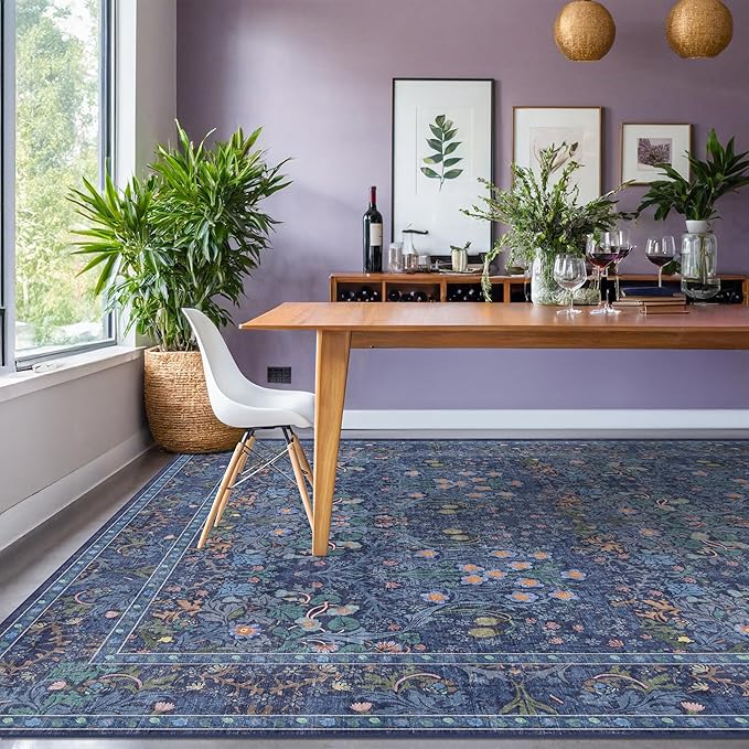 Hazo Haus Vintage Dark Blue Living Room Rug, 7x10 Washable Large Area Rugs - Image 3