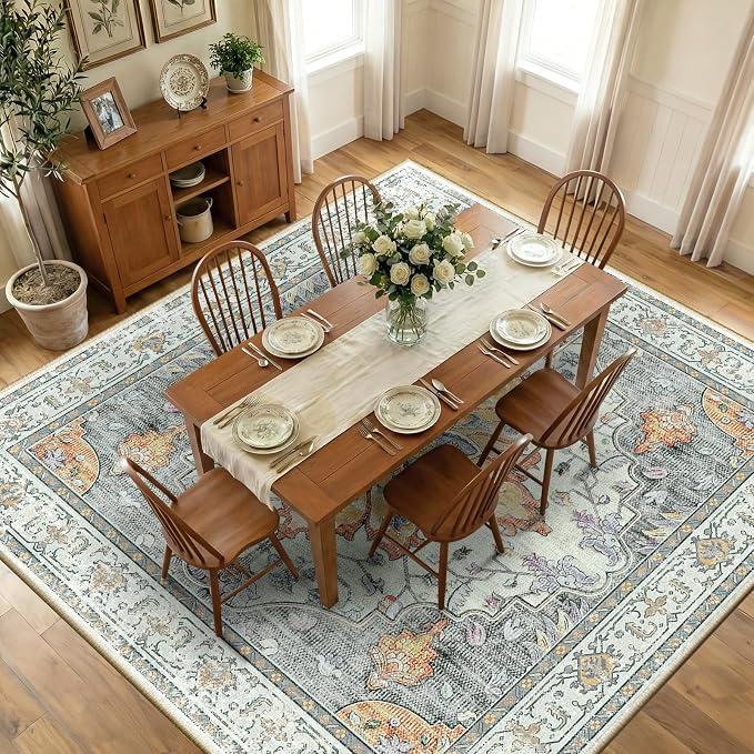 RELEANY Area Rugs Square 10ft Washable Non-Slip, Floral Vintage Distress Print by RELEANY