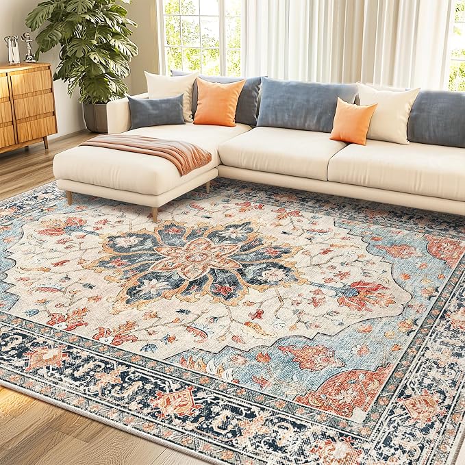 Area Rugs 8'x10' Washable Non-Slip, Floral Vintage Distress Print Pattern by RELEANY