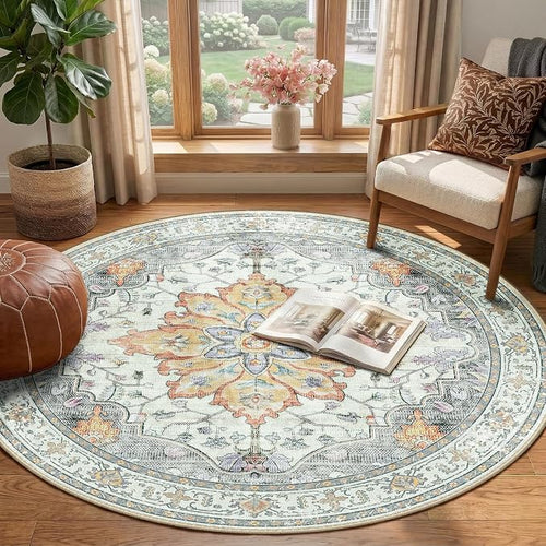 Area Rugs 4ft Washable Non-Slip, Floral Vintage Distress Print Pattern - Image 2
