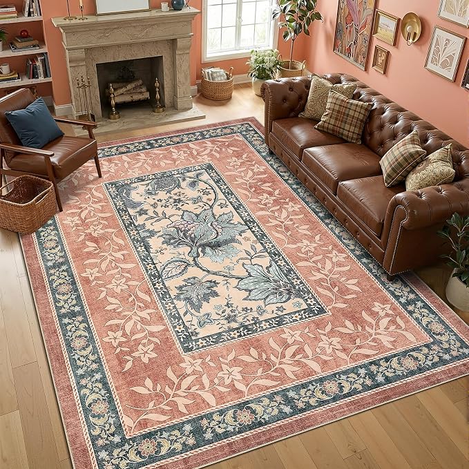 GarveeHome Terracotta Teal Washable 5x7 Area Rugs, Botanical Grove Vintage - Image 3