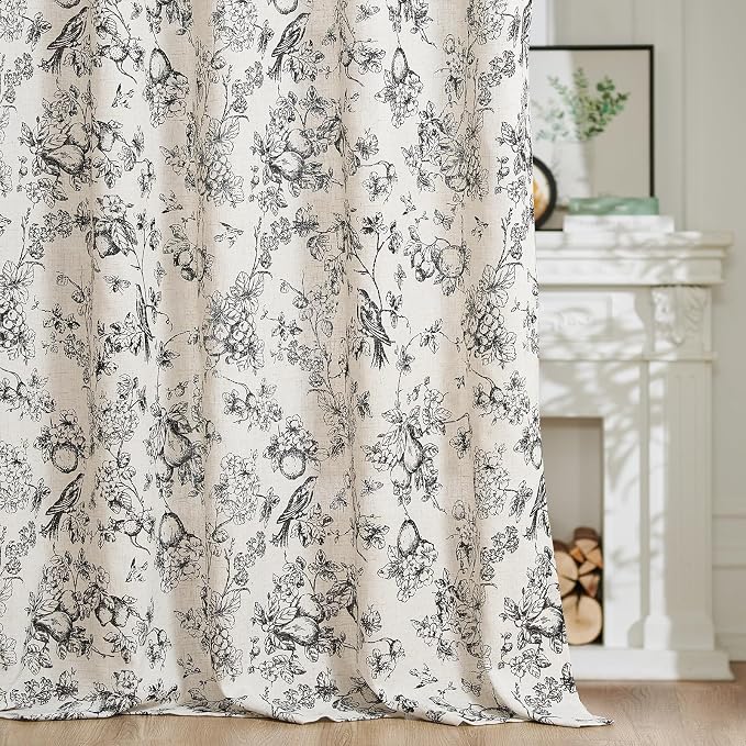 jinchan Linen Floral Curtains for Living Room 63 Inch Length Black Printed - Image 7