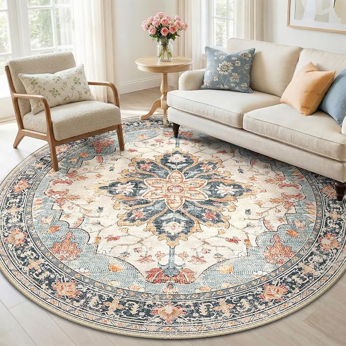Area Rugs 6ft Washable Non-Slip, Floral Vintage Distress Print Pattern by RELEANY