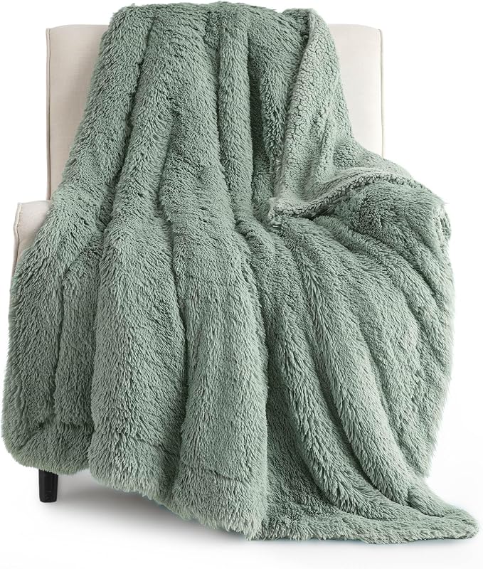 Bedsure GentleSoft Fuzzy Sherpa Faux Fur Twin Blanket Sage Green Cozy Gifts by BEDSURE