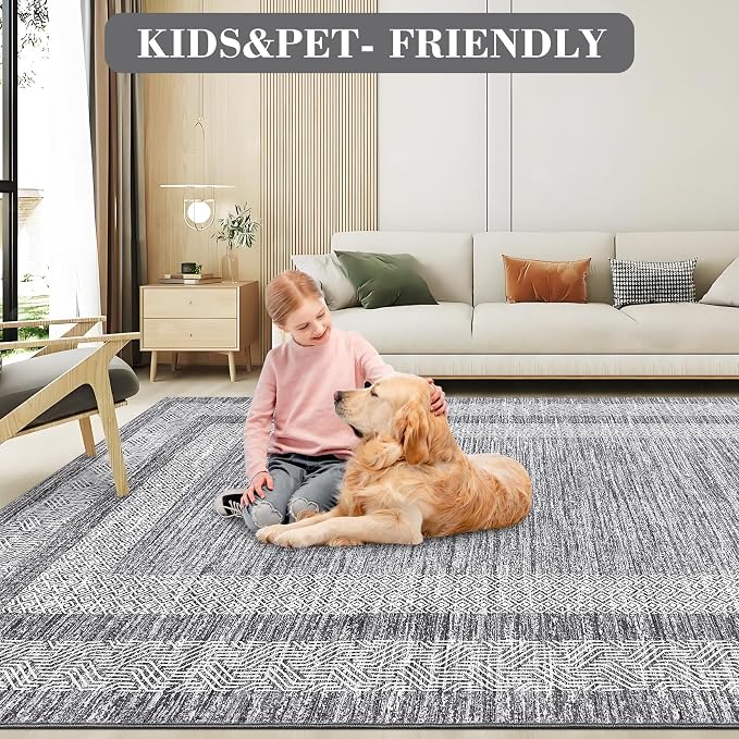 GarveeHome 6x9 Large Washable Area Rug Modern Bordered Rug Distressed Geometric - Image 6