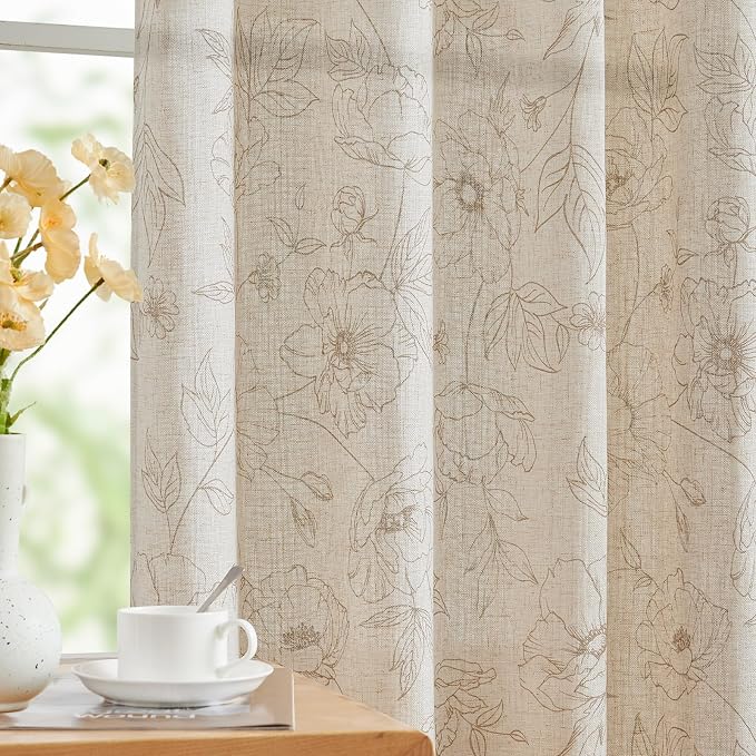 jinchan Linen Floral Curtains for Living Room 84 Inch Length Taupe Flower by JINCHAN