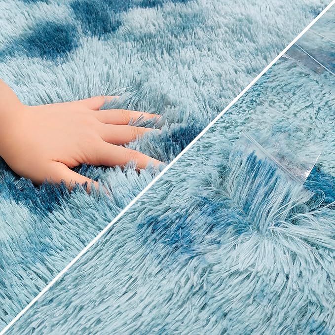 Super Soft Fluffy Living Room Area Rug 2x8 ft Tie-Dyed Light Blue Shaggy Furry - Image 6