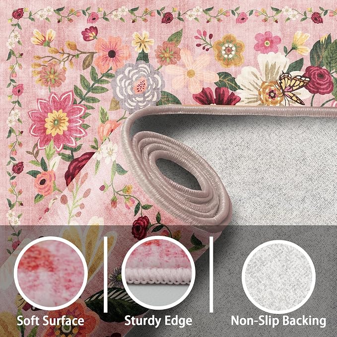 Pink Area Rugs 9x12 Living Room Washable Rug Non Slip Floral Low Pile Large Rug - Image 2