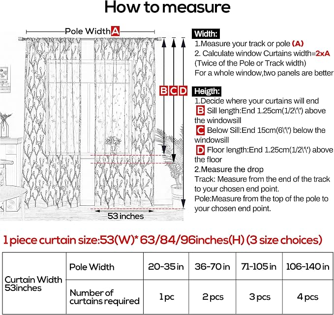 AmHoo 2 Panels Embroidered Leaf Pattern Semi Sheer Curtains Foliage Floral - Image 7