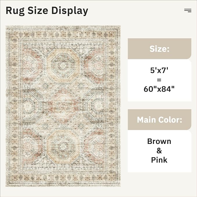 Soalmost 5x7 Area Rugs Brown Pink Low Pile Indoor Washable Trendy Faded Style - Image 3