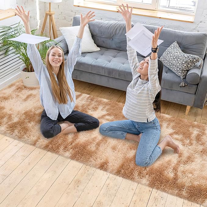 Super Soft Fluffy Living Room Area Rugs 2x10 ft Tie-Dyed Beige Shaggy Furry - Image 2