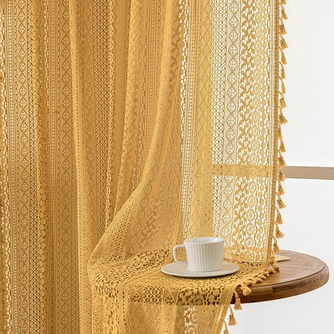 WAZZIO Boho Lace Curtains 108 Inches 2 Panel, Light Filtering Privacy Tassel & - Image 4
