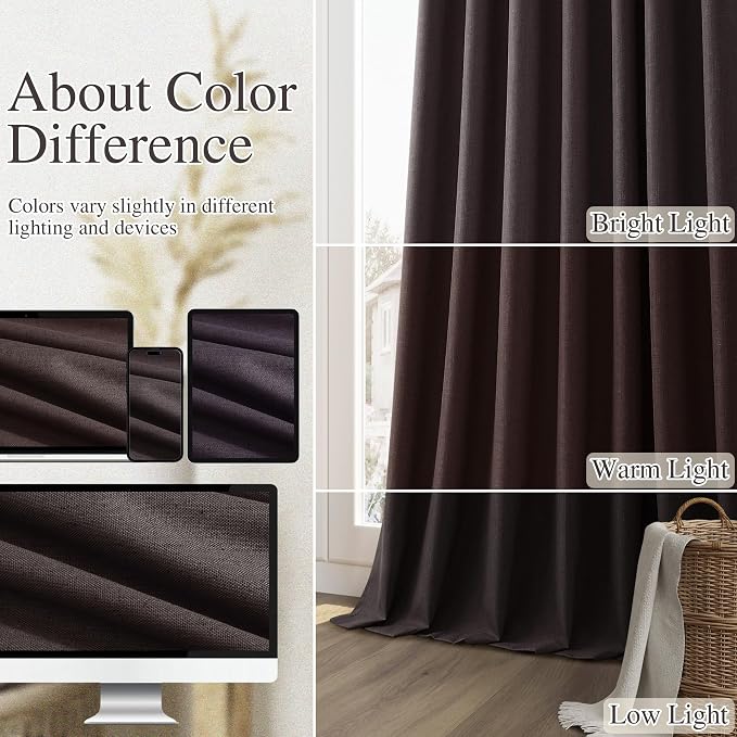 Guken Cocoa Coffee 100% Blackout Linen Curtains 120 Inch Length 2 Panels Set - Image 7