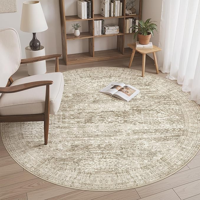 6x6 Brown Round Rug 6ft Living Room Circle Rug Vintage Round Area Rug Non Slip by Soalmost