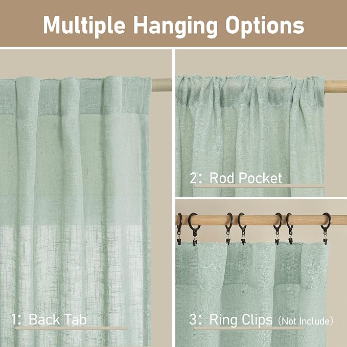 LAMIT Short Linen Window Curtains 40 Inch Length 2 Panels, Light Sage Semi - Image 3