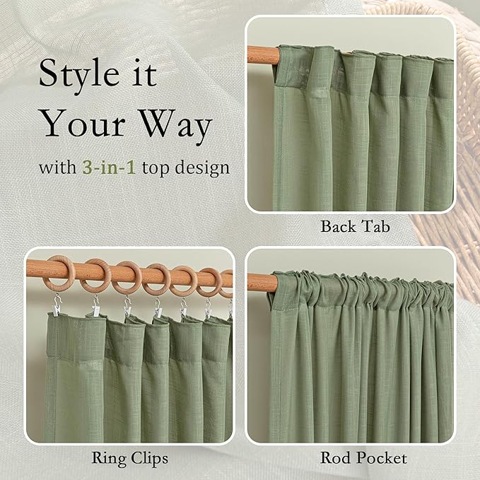 MYSKY HOME Sage Green Sheer Curtains 63 inch Length Semi Sheer Curtains - Image 4