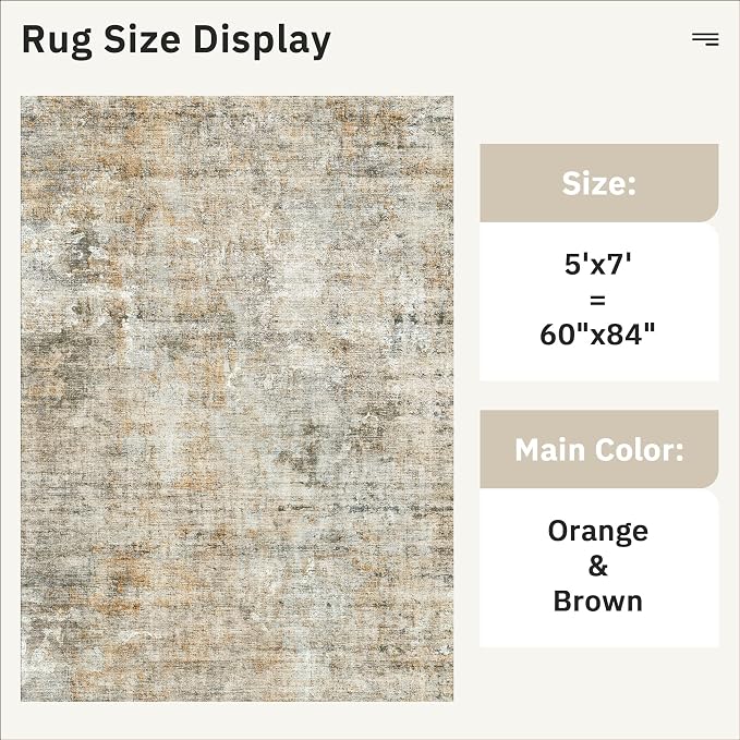 Abstract Rug 5x7 Machine Washable Area Indoor Orange Low Pile Non-Slip Foldable - Image 5