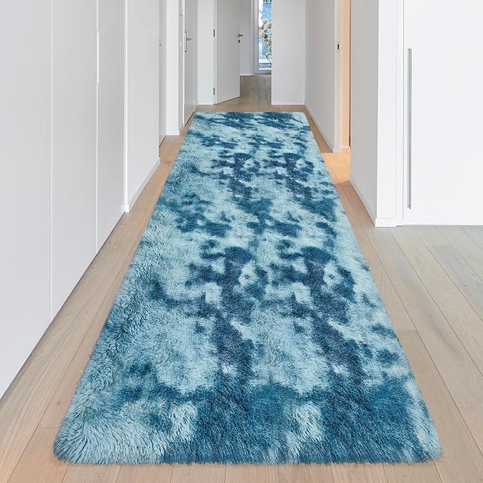 Super Soft Fluffy Living Room Area Rug 3x10 ft Tie-Dyed Light Blue Shaggy Furry - Image 4