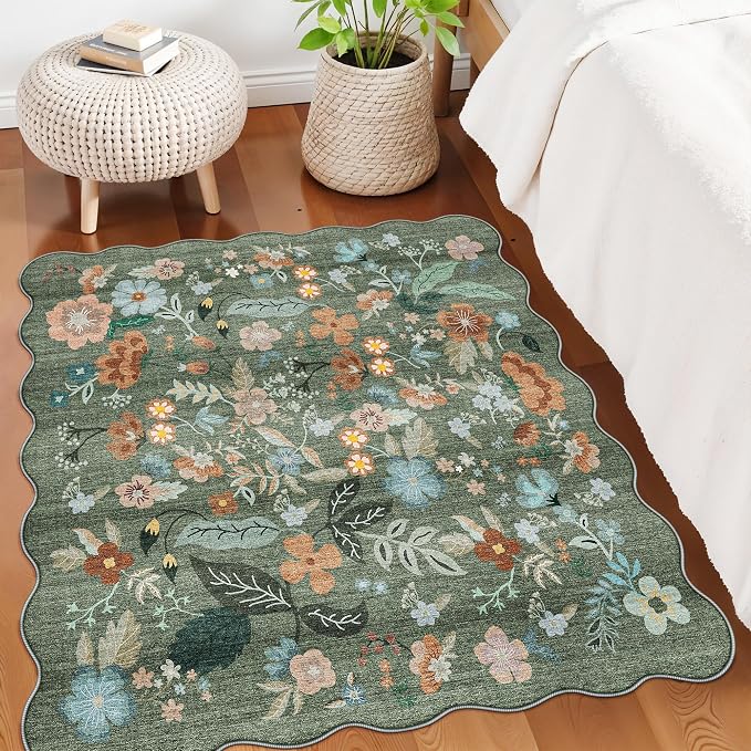 Floral Square Area Rug for Family: Washable 5x5 Scalloped Carpet for Living - Image 4