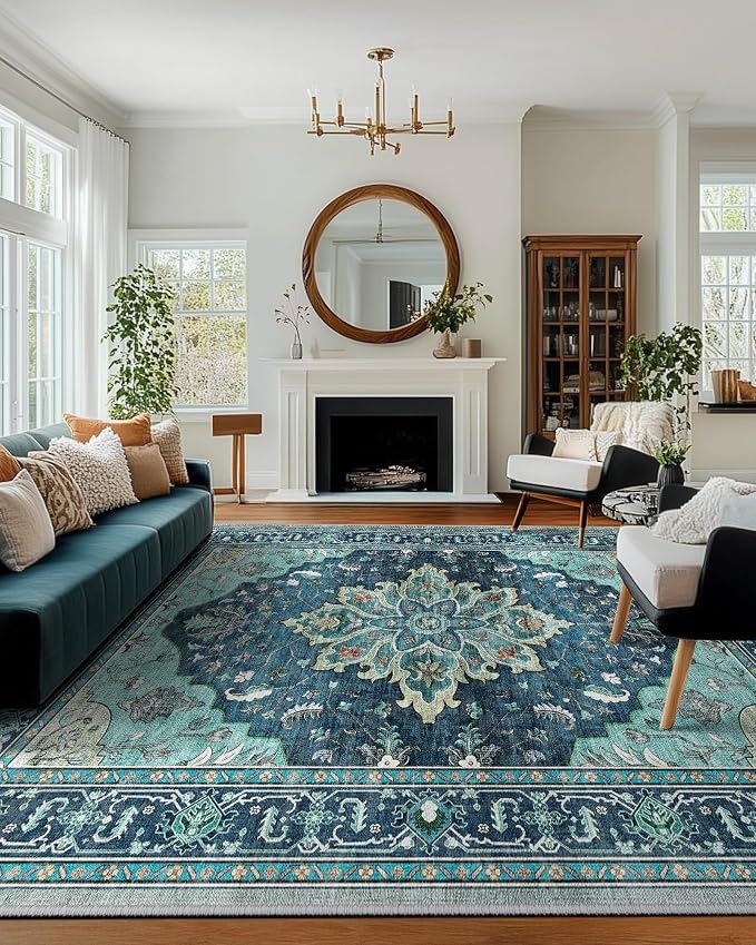 RELEANY Area Rugs 10'x12' Washable Non-Slip, Floral Vintage Distress Print by RELEANY