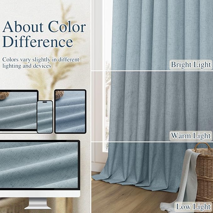 Guken Blue 100% Blackout Linen Curtains 108 Inch Length 2 Panels Set - Image 7