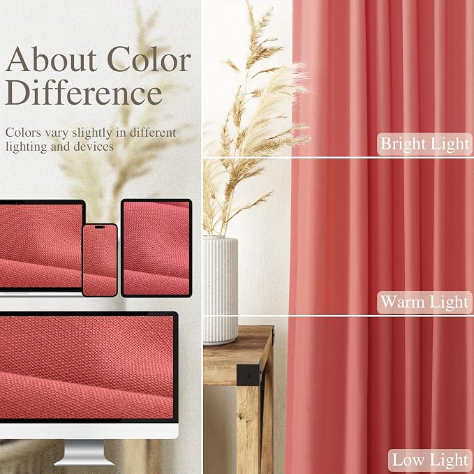 Nanspring Watermelon Red Curtains 108 Inches Long 2 Panels, Semi Sheer Back Tab - Image 4