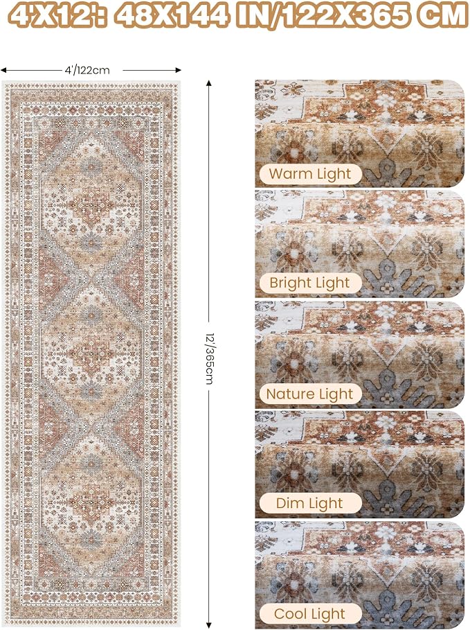 4x12 Runner Rug for Hallway, Low-Pile Wide Runner for Entryway, Long Washable - Image 2