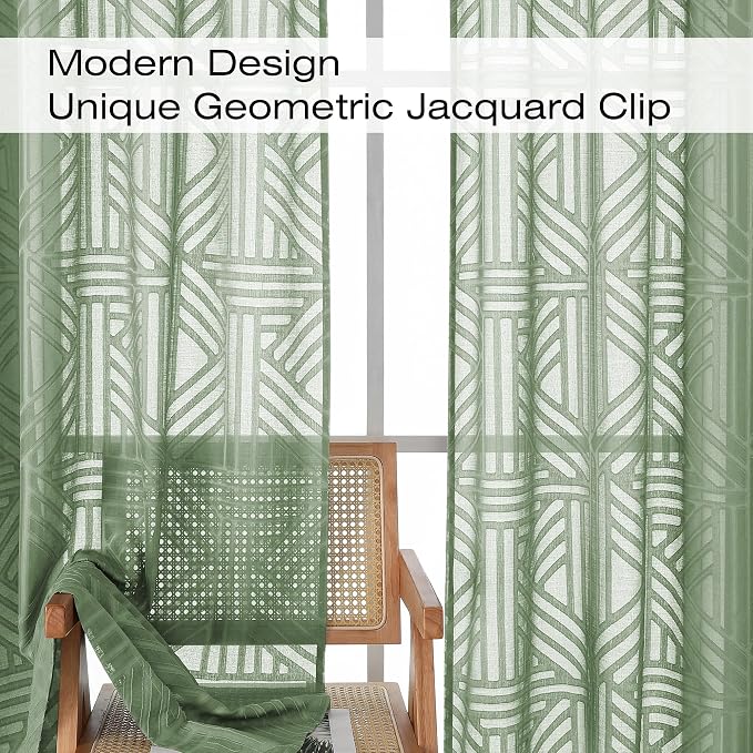 Simplebrand Sage Green Semi Sheer Curtains 45 Inch Length 2 Panels, Geometric - Image 3
