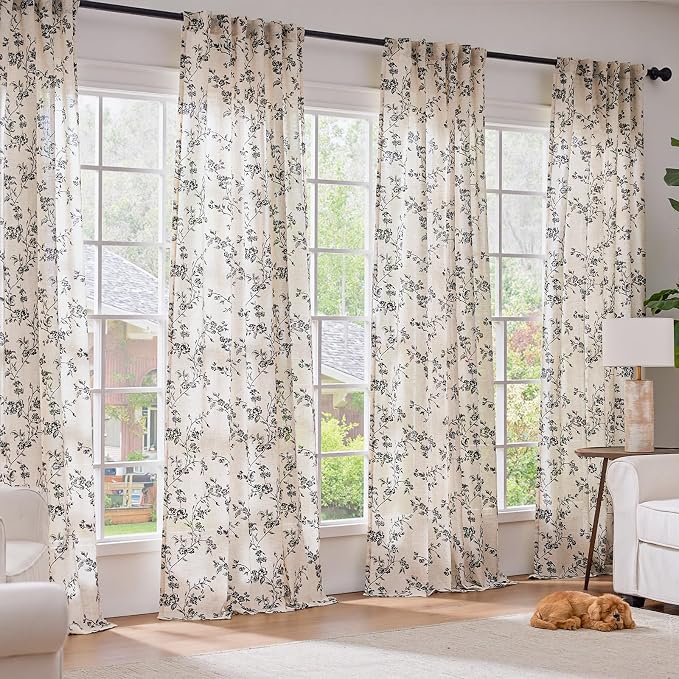 Lazzzy Farmhouse Linen Curtains Black Floral Curtains 90 Inch Length Back Tab - Image 3