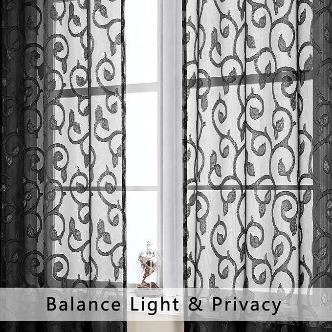 OWENIE Furman Black Sheer Curtains 72 inches Long 2 Panels Set, Light Filtering - Image 3