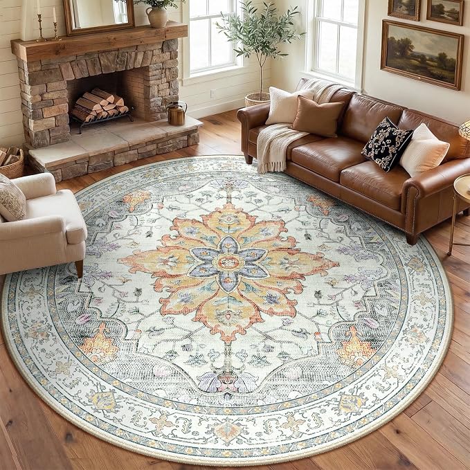 RELEANY Area Rugs 8ft Washable Non-Slip, Floral Vintage Distress Print Pattern by RELEANY